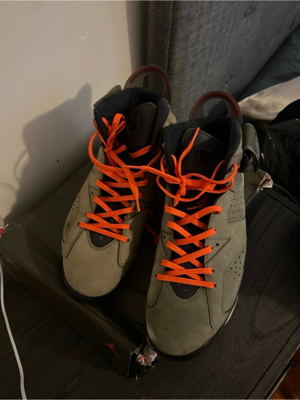 Jordan Men’s High Top Sneakers in Olive Green with Orange Laces